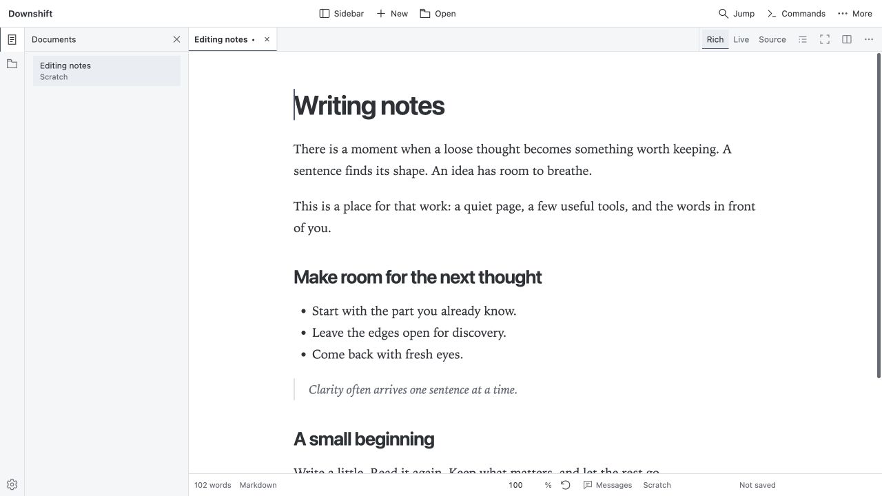 Downshift’s Rich editor displaying a sample document, with document navigation and editing controls.