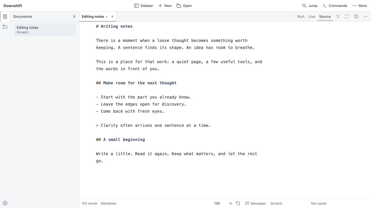 The same sample document in Downshift’s Source view, showing Markdown headings, a list and a block quote.